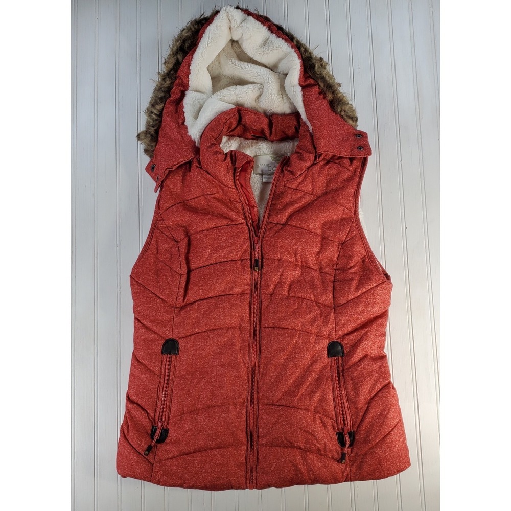 Green Tea Vest Womens Medium‎ Red Hooded Faux Fur Lined Puffer Sherpa  Hiking